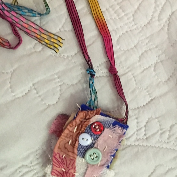 Boho Patchwork Fabric Button Amulet Necklace Art Handmade - Picture 10 of 10